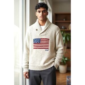 Vintage Polo Ralph Lauren American Flag USA Sweater Cotton Oatmeal RL67 Mens L